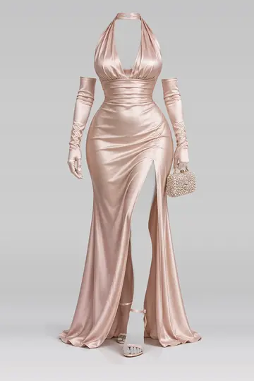 Pink satin gloves + high heels