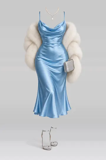 Blue satin midi dress + fur high heels
