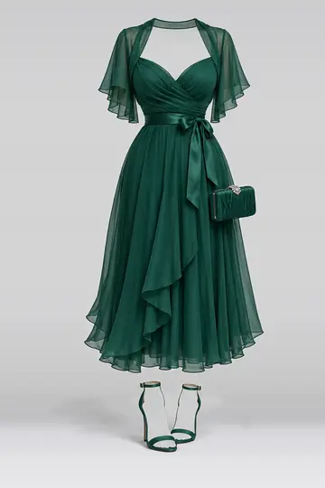 Chiffon midi dress + ribbon high heels