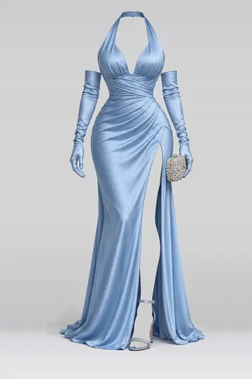 Blue satin gloves + high heels