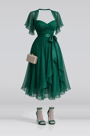 Chiffon midi dress + ribbon high heels