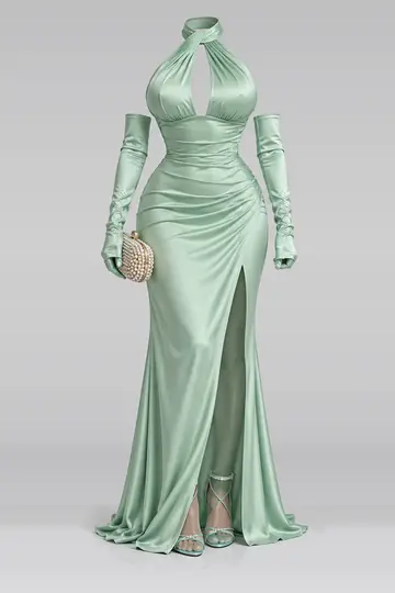 Mint satin gloves + high heels