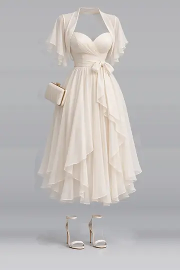 Ivory chiffon midi dress + ribbon high heels