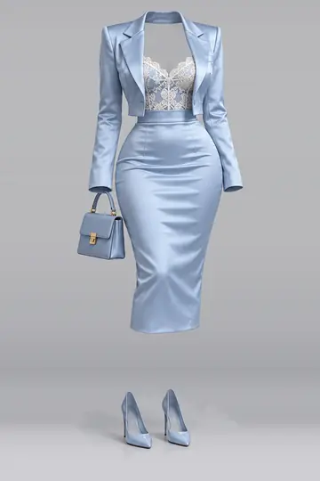 Blue satin skirt + lace camisole