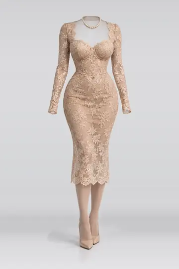 Beige lace midi dress + tights