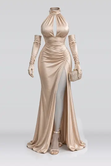 Beige satin gloves + high heels