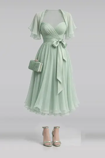 Mint chiffon midi dress + ribbon high heels