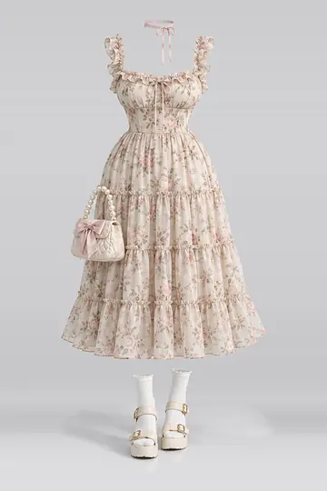 Beige floral midi dress + white socks