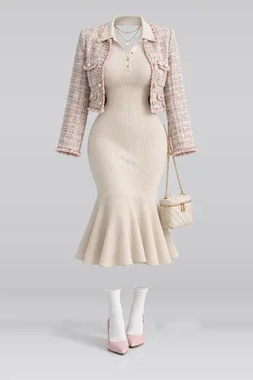 Beige knit dress + jacket