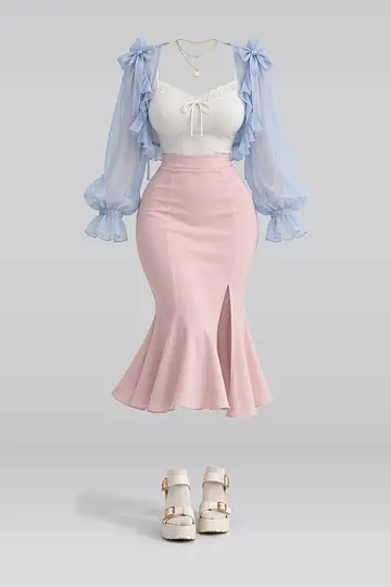 Blue ribbon chiffon camisole + pink midi skirt