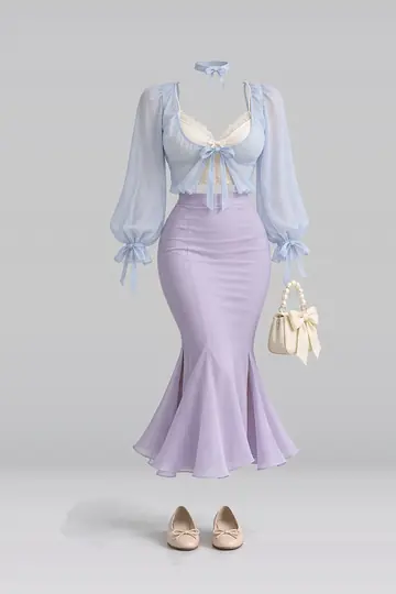 Blue ribbon chiffon camisole + midi skirt