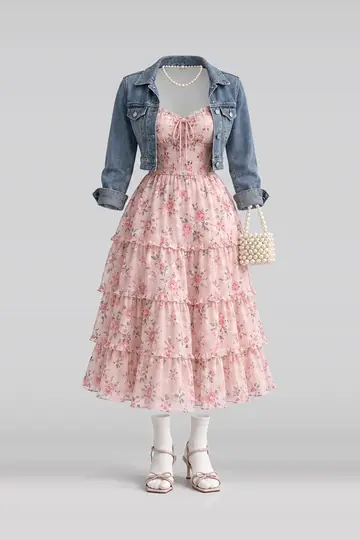 Pink floral midi dress + denim jacket
