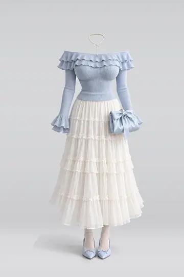 Blue frill knit top + ivory skirt