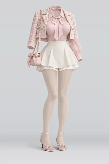 Pink blouse + ivory mini skirt
