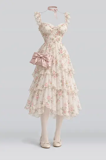 Cream floral midi dress + beige tights