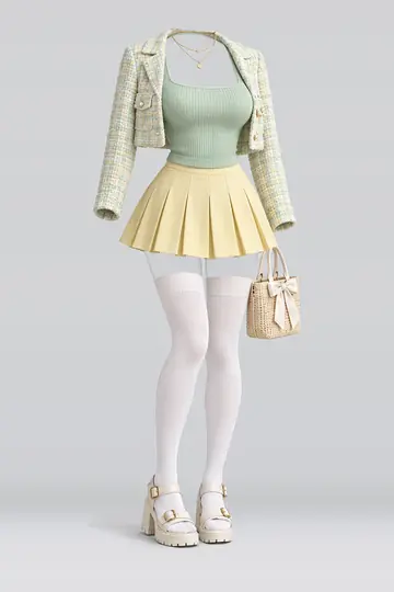 Mint green knit top + yellow pleated mini skirt