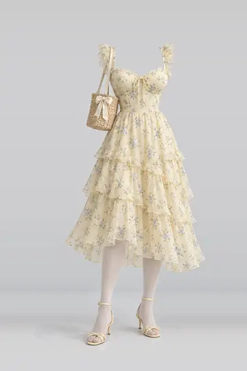 Yellow floral midi dress + beige tights