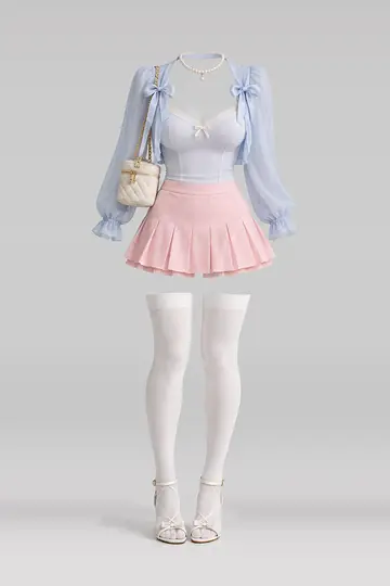 Blue ribbon chiffon camisole + pink pleated mini skirt