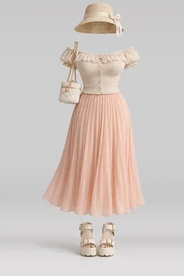 Beige frill knit pleated midi skirt + sandals