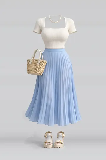 Ivory knit top + blue pleated midi skirt