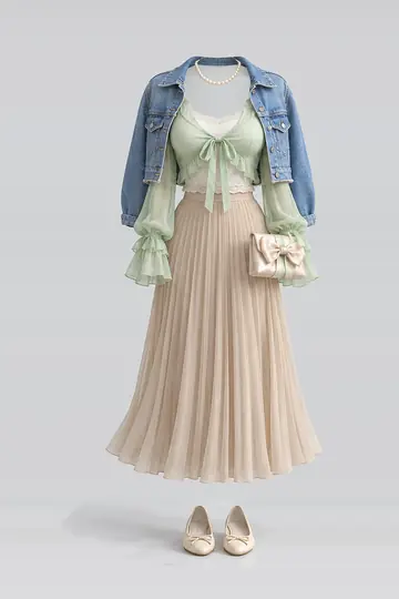 Mint green ribbon chiffon camisole + beige pleated midi skirt
