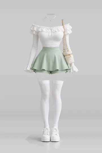 White frill knit top + mint green mini skirt