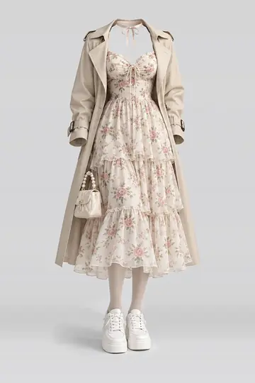 Cream floral midi dress + coat