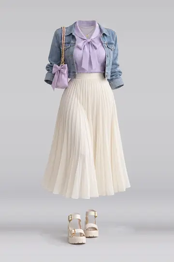 Blouse + cream pleated midi skirt