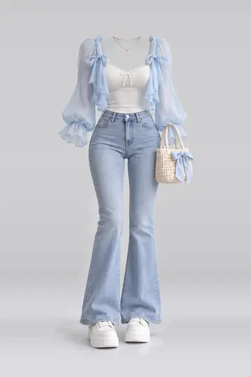 Blue ribbon chiffon camisole + denim trousers