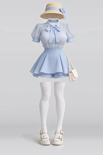 Blue blouse + mini skirt
