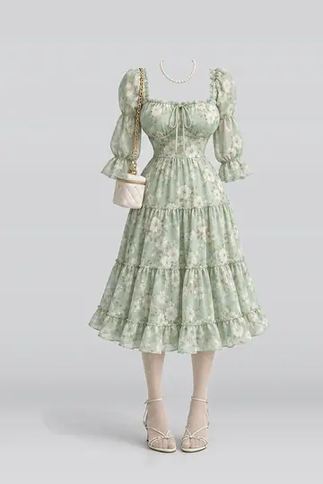 Mint green floral midi dress + beige tights