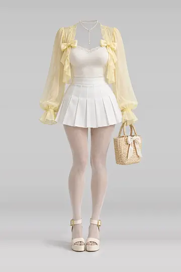 Yellow ribbon chiffon camisole + white pleated mini skirt