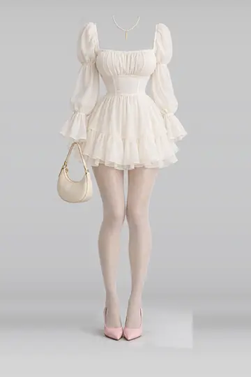 Ivory mini dress + beige tights