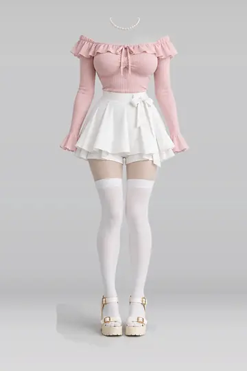 Pink frill knit top + white mini skirt