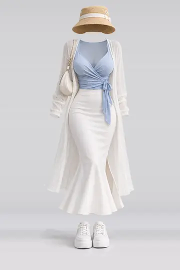 Blue white midi skirt + cardigan