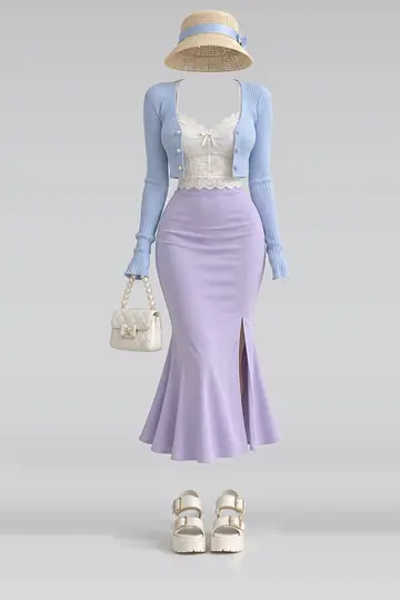 Blue knit cardigan + lace camisole
