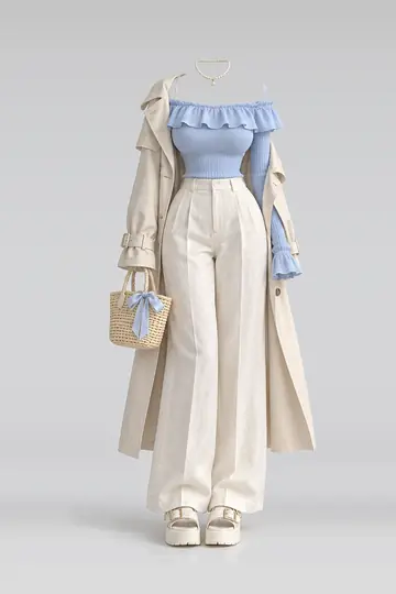 Blue frill knit top + cream trousers