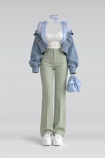 Blue ribbon chiffon camisole + green trousers