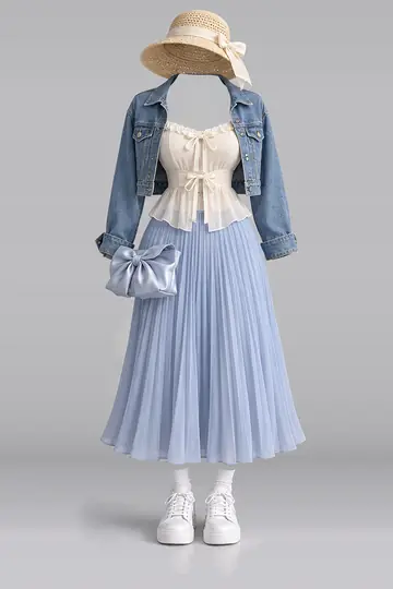 Ivory ribbon chiffon camisole + blue pleated midi skirt