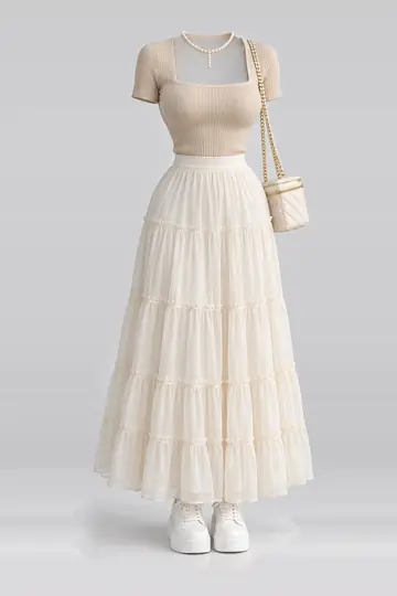 Beige knit top + ivory skirt