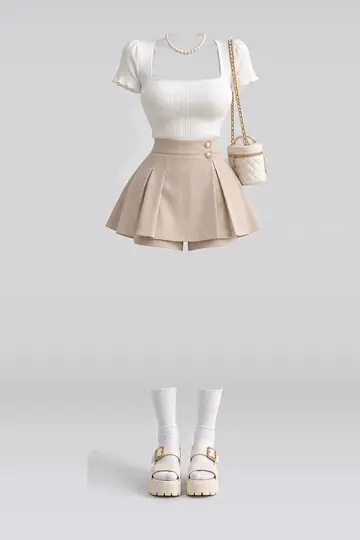White knit top + beige mini skirt