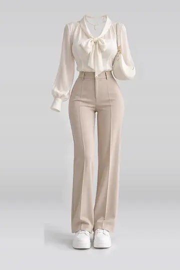 Cream blouse + beige trousers