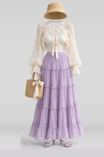 Cream ribbon chiffon camisole + skirt