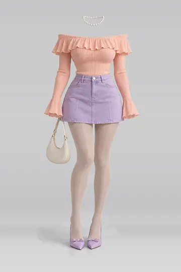 Frill knit denim mini skirt + beige tights