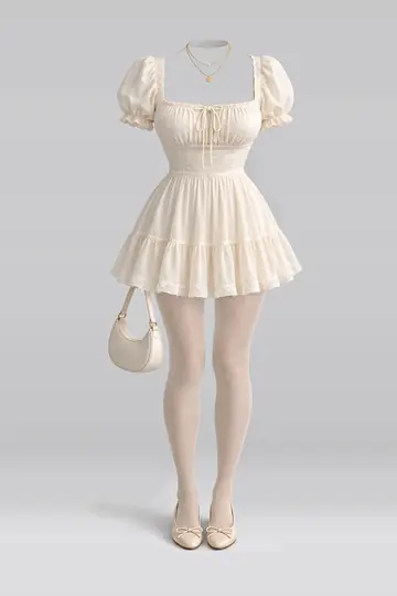 Cream mini dress + beige tights