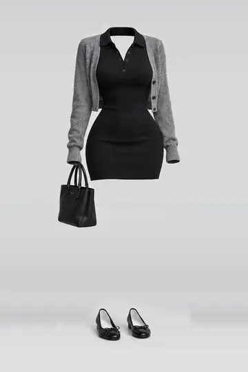 Black knit dress + grey cardigan