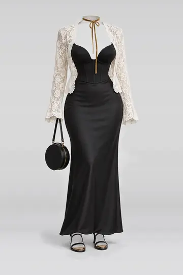 Black ivory lace jacket + maxi skirt