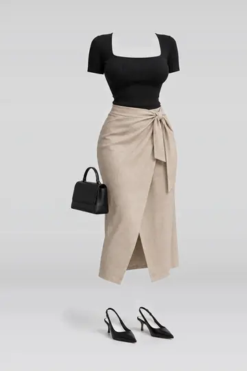Black knit top + beige midi skirt