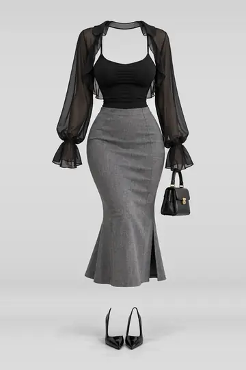 Black chiffon camisole + grey midi skirt