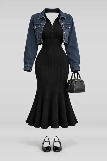 Black knit dress + denim jacket